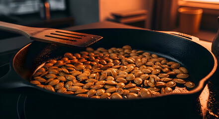 Close-up shot of roasted pumpkin seeds with spatula in a pan, ready to eat