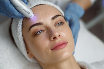 Young woman receiving forehead skin rejuvenation through fractional laser therapy