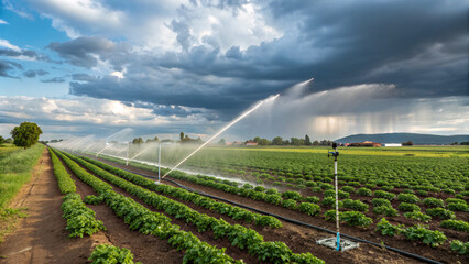 Automatic irrigation system spraying water over green farmland during sunset, representing modern agriculture, sustainability, and efficient water management.