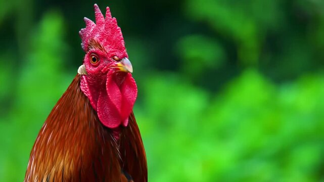 Rooster with red comb and wattles against green foliage