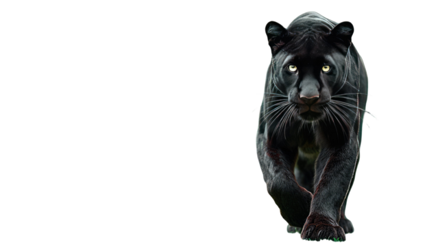A sleek black domestic cat stands isolated on a white background, its intense eyes a striking feature of this feline animal portrait - Powered by Adobe
