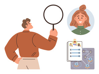 Man holding magnifier investigating ranking list and user profile. Ideal for recruitment, evaluation, gamification, leaderboard, team management, career growth, analytics. Simple flat metaphor
