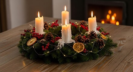 A beautifully decorated Advent wreath with four lit white candles and festive embellishments sits on a wooden table.