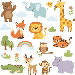 Obraz premium Cute baby animal cartoon vector set illustration featuring a lion, elephant, horse, cow, giraffe, bear, tiger, sheep, pig, and rabbit on a farm safari