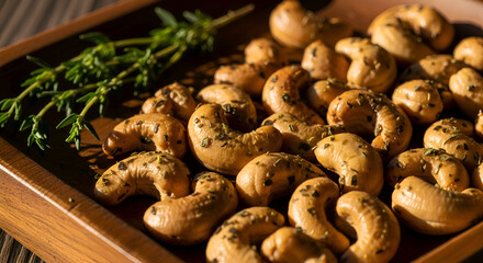 Close-up of roasted cashews with herbs on a wooden platter for healthy snacks
