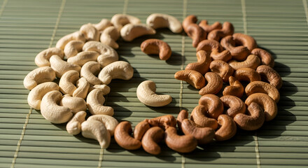 Close-up of roasted and raw cashews nuts on a green mat forming a semi-circle composition
