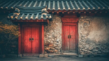 Fototapeta premium Aged, weathered architecture showcases two vibrant red wooden doors under a detailed tiled roof, contrasted by stone and aged stucco wall textures with a muted, vintage aesthetic, capturing a sense...