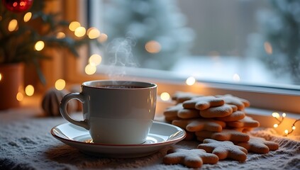 Hot Coffee and Gingerbread Cookies by the Window — Snow Falling Outside on Christmas Morning