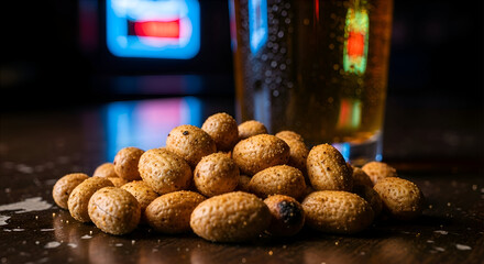 Close-up of roasted peanuts and a glass of beer on a dark wooden surface