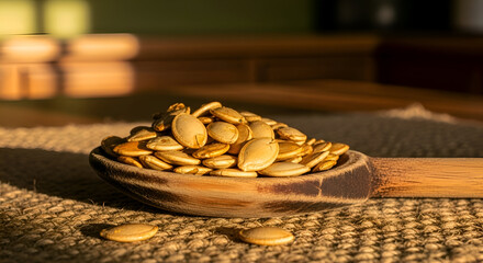 Close-up of roasted pumpkin seeds served in a rustic wooden spoon on a table