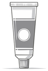 Stylized illustration of a gray tube with a white label area and cap, simple clean design