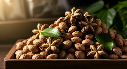 Close-up of sacha inchi nuts with leaves on a wooden tray with soft lighting
