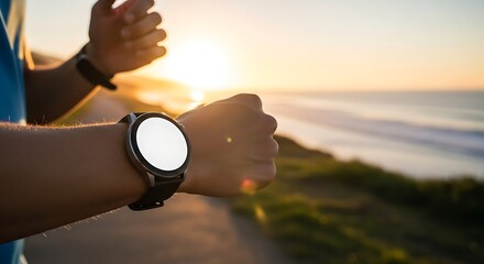 Man checks smartwatch while jogging along coastal path at sunrise, monitoring fitness progress and enjoying the peaceful morning atmosphere.