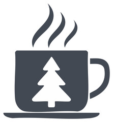Illustration of a cup of hot beverage with a tree, steam rising, and a plate