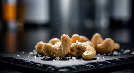 Close-up of salted cashew nuts on a dark background food photography studio shot