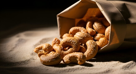 Close-up of salted cashew nuts spilling out of a paper bag on a grainy surface