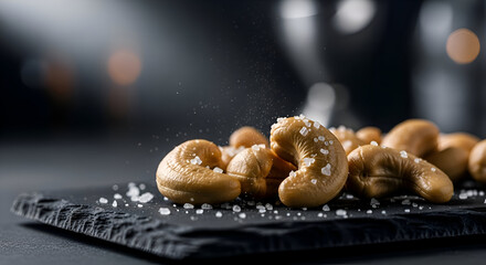 Close-up of salted cashew nuts, a delicious and healthy snack on a dark background