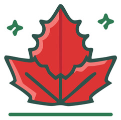 Festive vector icon of red holly leaf with dark green trim, Christmas holiday season greeting for design themes