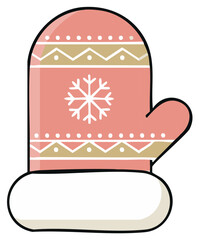 Pink winter mitten with snowflake design and fur cuff illustration, Christmas seasonal decoration