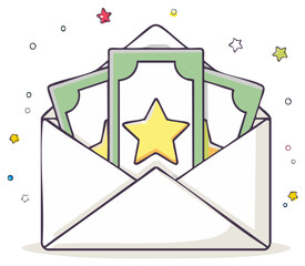 Envelope overflowing with cash and star rewards celebrates success and achievement