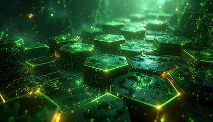 A futuristic digital landscape featuring glowing hexagonal structures, bathed in green light. The scene suggests a network or data visualization concept