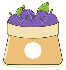 Cartoon bag full of plums and green leaves, fruit harvest drawing