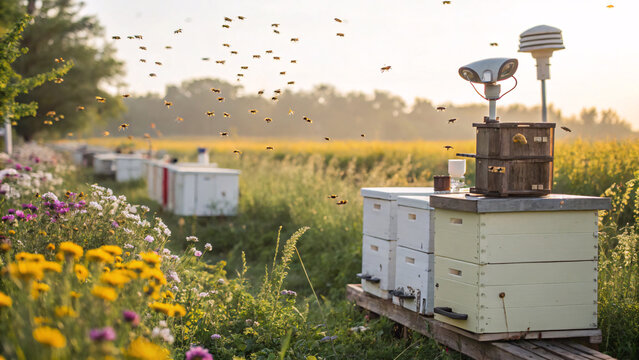 Beekeeping scene with active honeybees flying around wooden hives in a blooming meadow at sunrise. Perfect for themes of beekeeping, pollination, sustainability, and natural honey production. - Powered by Adobe