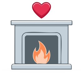 Stylized fireplace with a burning flame and heart symbol above illustration