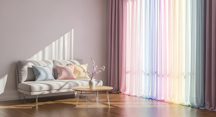 Minimal cozy room interior with sunlight through pastel curtains, peaceful morning mood, modern home design concept for comfort, relaxation, and minimalist lifestyle aesthetic