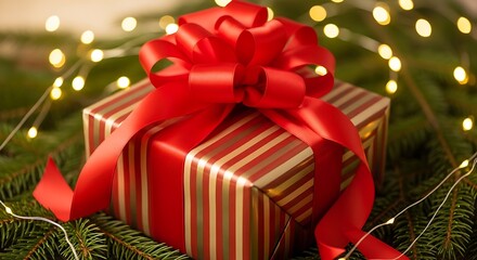 A beautifully wrapped gift with a large red bow sits amongst festive Christmas lights and evergreen branches.