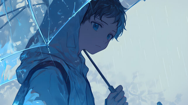 anime boy soft boy in raincoat holding umbrella