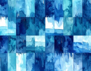 Abstract tiled artwork featuring watercolor washes in varying blue hues