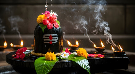 Shiva lingam decorated with flowers, incense, and oil lamps during Hindu religious worship, spiritual Indian festival puja photography with divine faith and cultural devotion theme