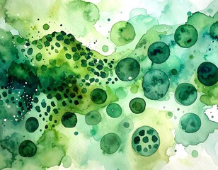 Abstract watercolor, shades of green, with circle-like shapes and splashes
