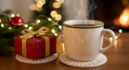 Fototapeta premium Warm Cozy Coffee Mug with Steam and Festive Gift Box in Holiday Decor