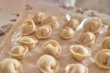 Fresh homemade pelmeni arranged on a wooden board.
Traditional Russian dumplings prepared with soft dough and care.
Rustic kitchen scene capturing authentic family cooking process.
