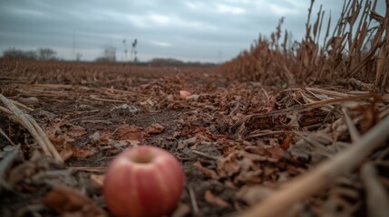 Solitary apple resting on an autumn field evokes concepts of harvest and nature