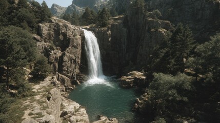 Scenic waterfall cascading into a serene pool, nestled within rocky terrain