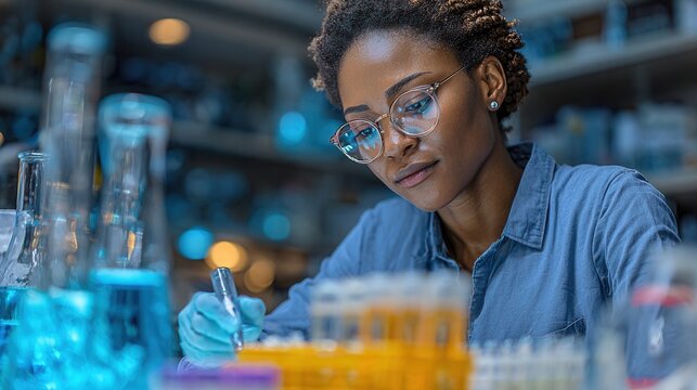 Portrait of young Black female scientist looking under microscope in modern laboratory - Powered by Adobe