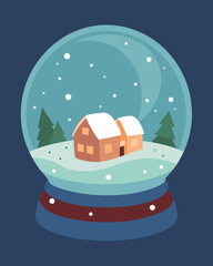 Illustration of a snow globe with a house inside, a winter scene isolated on blue background