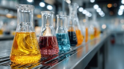 Close-up of colorful test tubes and scientific instruments in laboratory