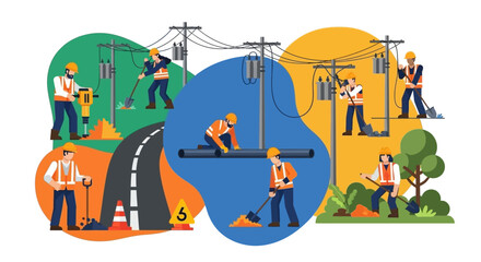Fototapeta premium Busy construction workers performing diverse infrastructure maintenance and development tasks