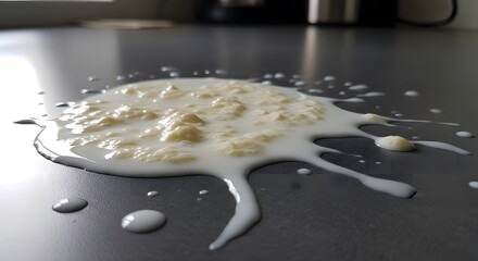 Spilled milk on a gray surface, creating a puddle and splatters, illustrating a messy accident