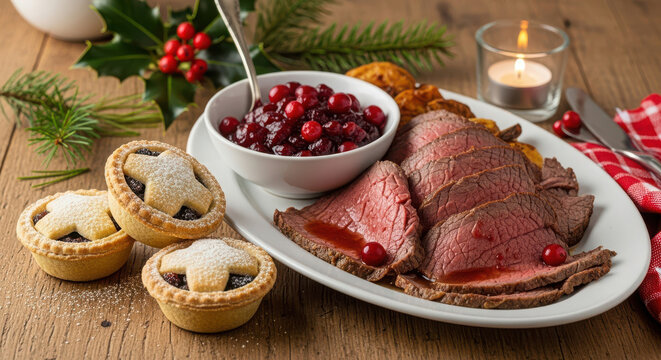 Festive christmas roast beef dinner with mince pies and cranberry sauce