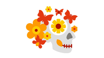stylized sugar skull decorated with orange flowers and butterflies, representing dia de los muertos celebration