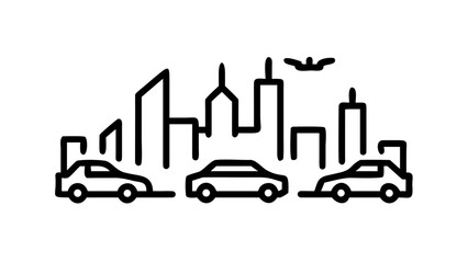 minimalist city skyline with cars and airplane, representing urban life and transportation in a simple line art style