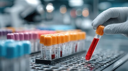 Doctor handling blood sample for testing with lab instruments and analysis equipment