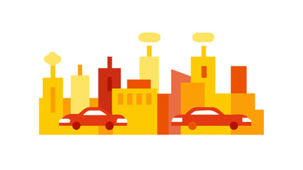 A vibrant cityscape illustration featuring stylized buildings and two red cars, , creating a modern and playful scene