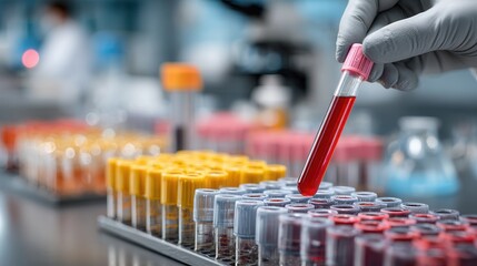 Doctor handling blood sample for testing with lab instruments and analysis equipment