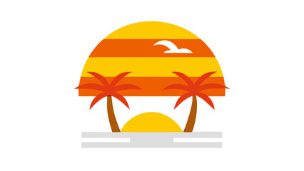 A serene beach sunset illustration with palm trees and a seagull, , evoking a sense of tranquility and tropical paradise